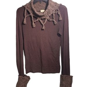 Buffalo David Brown Sweater Cable Knit Fringe Turtle Neck Vintage S